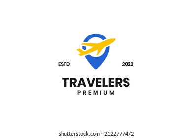 Travel agency logo with airplane and location icon design vector template