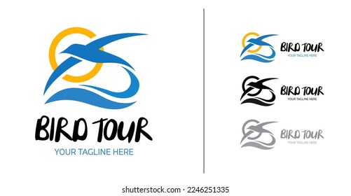 Travel Agency logo. Albatros bird fly above sea illustration