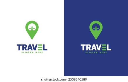 Design de logotipo da agência de viagens, pino de localização e design de logotipo de avião aéreo.