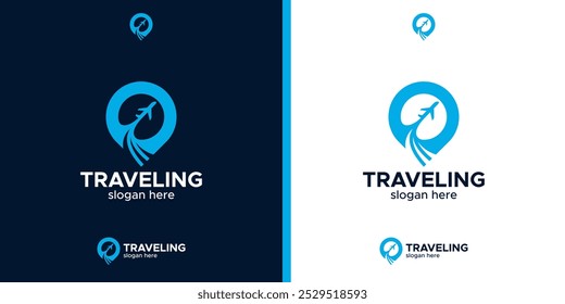 Diseño de logo de agencia de viajes. Logotipo de viaje. Logotipo del alfiler. Locación en el mapa Diseño de concepto de logotipo Vector de icono de símbolo gráfico