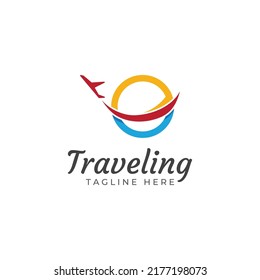 Travel agency logo design and summer vacation with airplane.