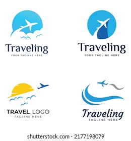 Diseño del logotipo de la agencia de viajes y vacaciones de verano con avión.