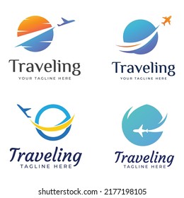 Diseño del logotipo de la agencia de viajes y vacaciones de verano con avión.