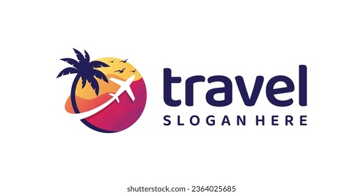 Travel agency logo design template. airplane and globe with palm tree colorful design graphic vector illustration. Symbol, icon, creative.