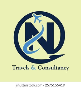 Travel agency logo featuring a stylized 'N' with a plane taking off. Ideal for websites and marketing materials related to travel, tourism, and consultancy services.