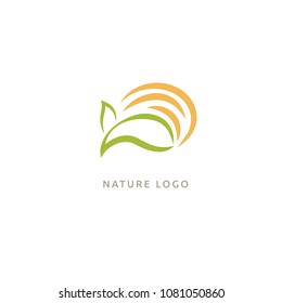 Travel agency logo. Icon design sun and leaf. Summer yellow sun and nature, travel logo. Landscape design, garden, Plant, nature and ecology vector logo. Vacation and holiday Happy life Logotype.