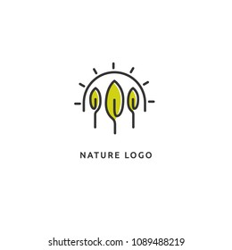 Travel agency logo. Icon design sun and leaf. Summer yellow sun and nature, travel logo. Landscape design, garden, Plant, nature and ecology vector logo. Vacation and holiday Happy life Logotype.