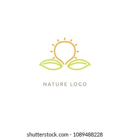 Travel agency logo. Icon design sun and leaf. Summer yellow sun and nature, travel logo. Landscape design, garden, Plant, nature and ecology vector logo. Vacation and holiday Happy life Logotype.