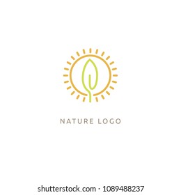 Travel agency logo. Icon design sun and leaf. Summer yellow sun and nature, travel logo. Landscape design, garden, Plant, nature and ecology vector logo. Vacation and holiday Happy life Logotype.