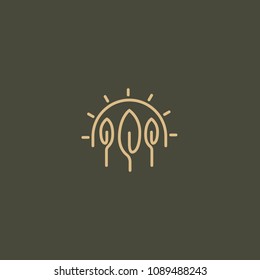 Travel agency logo. Icon design sun and leaf. Summer yellow sun and nature, travel logo. Landscape design, garden, Plant, nature and ecology vector logo. Vacation and holiday Happy life Logotype.