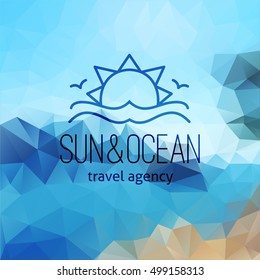 travel agency logo on polygon seascape background, sun and waves
