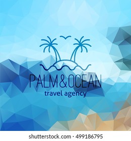 travel agency logo on polygon seascape background, palms on island and wave