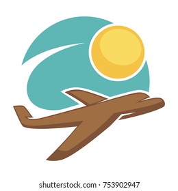 Travel agency logo template of airplane in sky and sun. Vector isolated icon of flying aircraft for summer ocean beach tourism or touristic company