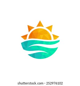 Travel agency logo. Triangle design  sun and sea. Summer yellow and orange sun and blue sea, travel logo.