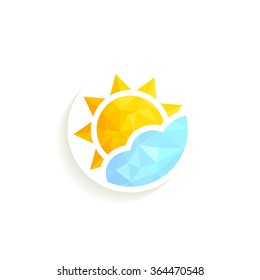 Travel agency logo. Triangle design sun and cloud. Summer yellow and orange sun and blue cloud, travel logo. Sun and cloud logotype. 