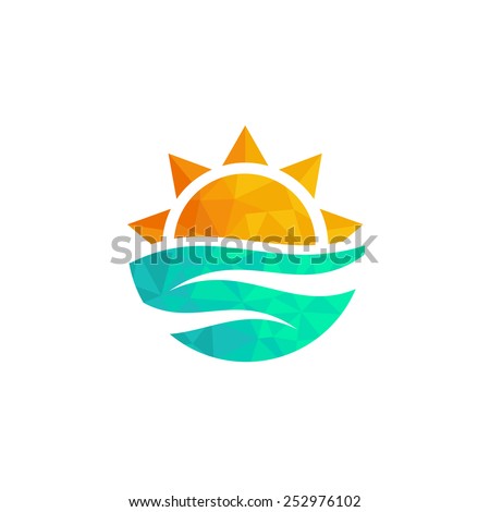 Travel agency logo. Triangle design  sun and sea. Summer yellow and orange sun and blue sea, travel logo.