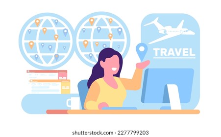 Travel agency manager helps to choose tour to rest. Tourism management. Agent selling and booking airplane tickets. Location pins on globe. International journey trip