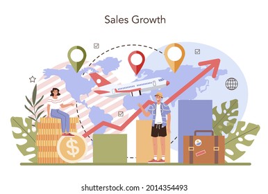 Travel agency marketing campaign. Travel company promotion, attraction of new clients. Tour advertising and sales growth. Tourism agency, travel business. Flat vector illustration