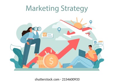 Travel agency marketing campaign. Travel company promotion, attraction of new clients. Tour advertising and sales growth. Tourism agency, travel business. Flat vector illustration