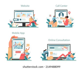 Travel agency marketing campaign online service or platform set. Travel company promotion, attraction of new clients. Online consultation, call center, mobile app, website. Flat vector illustration