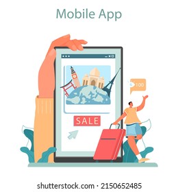 Travel agency marketing campaign online service or platform. Travel company promotion, attraction of new clients. Mobile app. Flat vector illustration