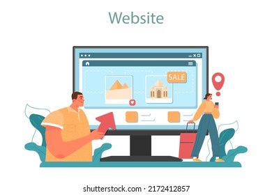 Travel agency marketing campaign online service or platform. Travel company promotion, attraction of new clients. Website. Flat vector illustration