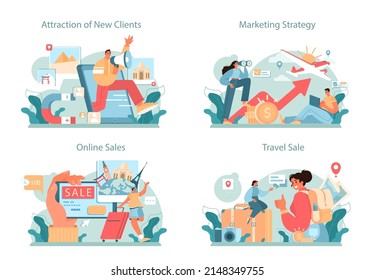 Travel agency marketing campaign set. Travel company promotion, attraction of new clients. Tour advertising and sales growth. Tourism agency, travel business. Flat vector illustration