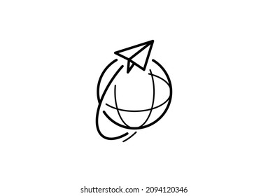 Travel Agency Minimal Symbol Design. Vector Logo Template. A holiday vacation travel agency company logo of a world silhouette and an airplane icon representing an abroad journey tour around the world