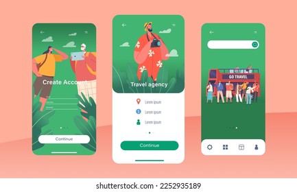 Travel Agency Mobile App Page Onboard Screen Template. Characters Buying Tour for Going on Holiday Vacation around World, Tourism, Tour Operator Services Concept. Cartoon People Vector Illustration