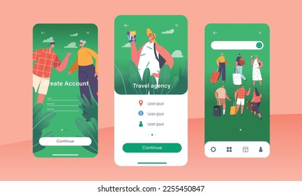 Travel Agency Mobile App Page Onboard Screen Template. People Characters Prepare for Trip by Buying Tickets and Packing Suitcases. Tour with Travel Company Concept. Cartoon Vector Illustration