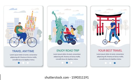 Travel Agency Mobile App, Rental Vehicles Online Service Trendy Flat Vector Web Banner, Landing Page Template. Female, Male Tourists Riding Bicycle, Scooter near World Famous Attractions Illustration