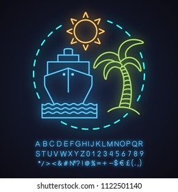 Travel agency neon light concept icon. Vacation idea. Summer rest. Cruise ship. Voyage. Glowing sign with alphabet, numbers and symbols. Vector isolated illustration