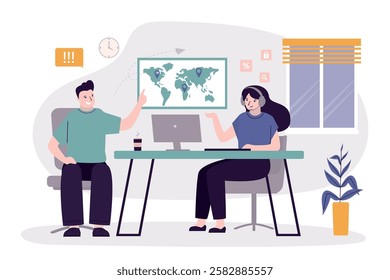 Travel agency office. Consultation, client tourist talking with manager. Woman manager at workplace. summer flight or vacation booking with friendly travel agency manager. flat vector illustration