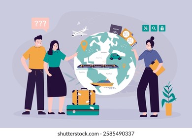 Travel agency office. Consultation, couple of tourist talking with manager and search location of vacation. summer flight or vacation booking with friendly travel agency manager. vector illustration