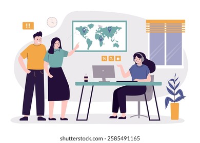 Travel agency office. Consultation, couple of tourist talking with manager. Worker woman at workplace. summer flight or vacation booking with friendly travel agency manager. flat vector illustration