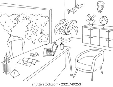 Travel agency office interior graphic black white sketch illustration vector 