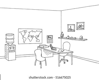 Travel agency office interior graphic black white sketch illustration vector