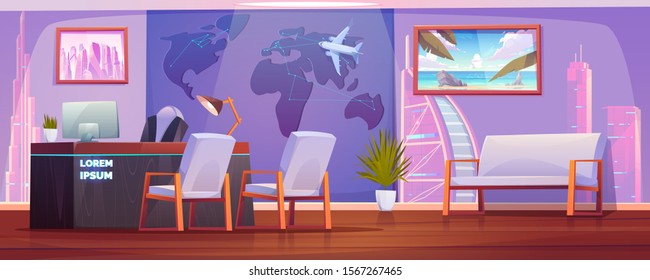 Travel agency office interior with operator reception desk, world map with airplane and pictures of famous sights on wall. Empty room for selling tours, touristic business. Cartoon vector illustration