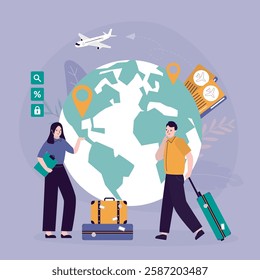 Travel agency office. Tourist with luggage starting trip. Manager presenting locations of vacation. Summer flight or vacation booking with friendly travel agency manager. flat vector illustration