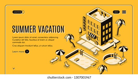 Travel agency, online booking service isometric vector web banner with beach lounge chairs under umbrella, swimming pool near hotel building illustration. Luxury tropical resort landing page template