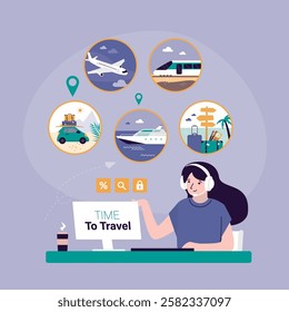 Travel agency. Online consultation. Manager at workplace. Web banner on summer flight or vacation booking with friendly travel agency manager, airplane, cruise liner, bus. flat vector illustration