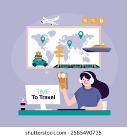 Travel agency. Online consultation. Manager at workplace. Help with booking of vacation or flights with friendly travel agency manager. Female character with tickets. flat vector illustration