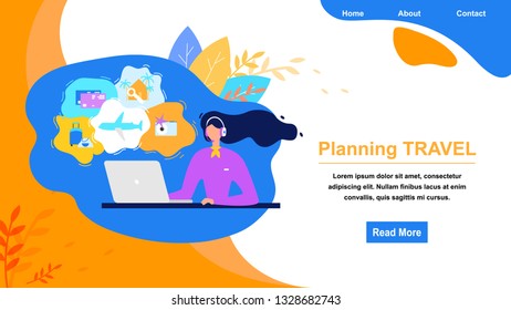 Travel Agency Online Service Flat Vector Web Banner. Call Center, Helpdesk Operator Helping Clients to Planning Travel, Booking Tickets or Hotel Illustration. Airline Company Landing Page Template