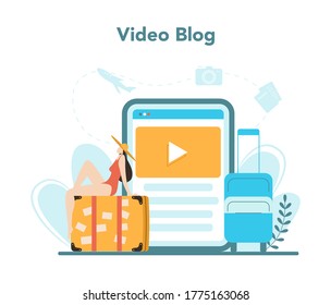Travel agency online service or platform. Office worker selling tour, cruise, airway or railway tickets. Video blog. Isolated vector illustration