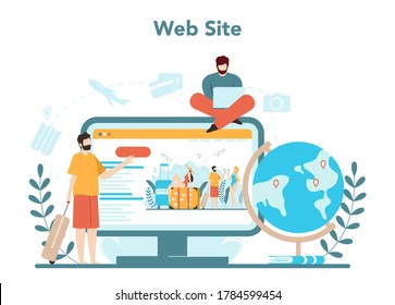 Travel agency online service or platform. Office worker selling tour, cruise, airway or railway tickets. Web site. Isolated vector illustration