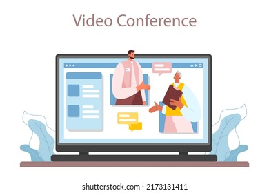 Travel agency online service or platform. Transfer, tourists transportation from airport to a hotel. International negotiations. Video conference. Flat vector illustration