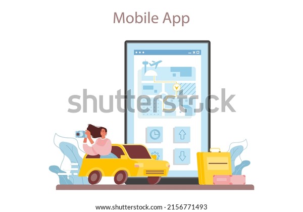 Travel agency online\
service or platform. Transfer, tourists transportation from airport\
to a hotel. International negotiations. Mobile app. Flat vector\
illustration