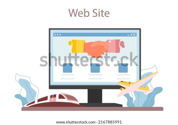 Travel agency online\
service or platform. Transfer, tourists transportation from airport\
to a hotel. International negotiations. Website. Flat vector\
illustration