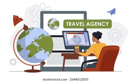 Travel agency online. Woman sitting at computer near globe. Preparing for trip or journey. Planning holiday and vacation. Assistant and manager. Flat vector illustration