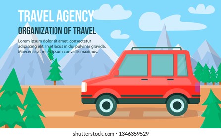 Travel Agency. Organization of Travel Horizontal Banner with Copy Space. Red Car with Trunk on Roof Stand at Colorful Nature Background with Mountains Landscape and Pine Trees Flat Vector Illustration